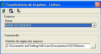 Para efetuar a leitura do arquivo de retorno, o usuário deve acessar Arquivo Leitura, e proceder como segue: - Selecionar a Empresa que irá ler o arquivo; - O diretório em que será salvo o arquivo,