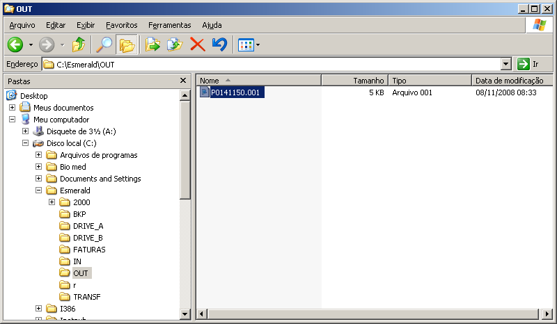 Finalizado o processo de impressão, os arquivos contendo as informações dos laudos a serem enviados foram gerados na pasta \ESMERALD\OUT conforme podemos ver na tela a seguir, sendo que serão criados