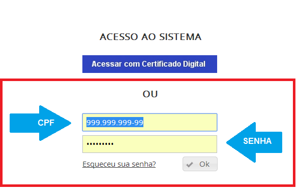 BOTÃO AZUL ( Acessar com Certificado Digital ), conforme imagem de exemplo abaixo.