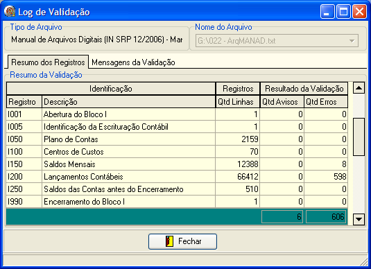 Na primeira aba desta janela é exibido o resumo da validação do arquivo selecionado, o qual mostra os registros que compõe o arquivo, a quantidade de linhas e a quantidade de avisos/erros em cada um.