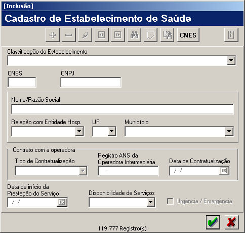 8 CADASTRAMENTO DOS ESTABELECIMENTOS DE SAÚDE DA OPERADORA Opção de Menu: Cadastro -> Cadastro de Estabelecimentos de Saúde Clicando no botão com o título CNES, o sistema abre o navegador de internet