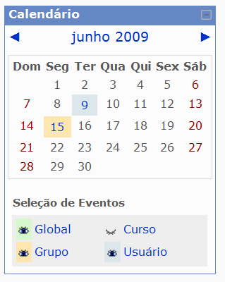 Observe que abaixo do calendário há uma legenda para cada um dos quatro tipos de eventos: Eventos globais só podem ser agendados pelo administrador do sistema (que tem poderes supremos!).