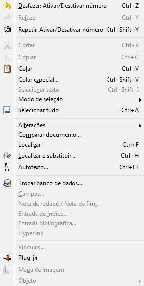 Figura 3: Menu Editar Desfazer ou Repetir: Clique para desfazer a última modificação introduzida; para repetir, selecione Repetir.