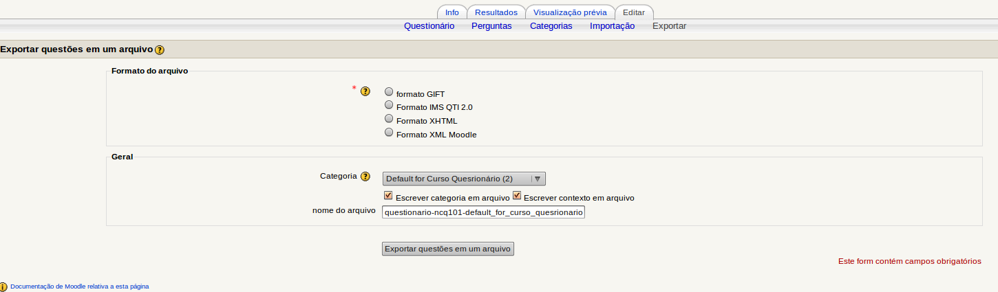 74 Ao clicar e em Exportar o professor pode exportar as questões existentes para um arquivo de texto comum.