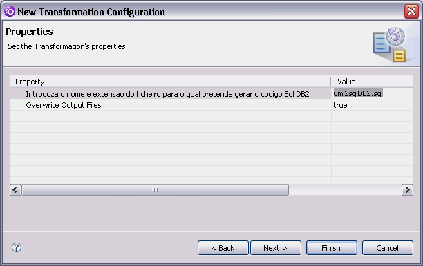 Figura 49 Escolha da origem/destino da transformação No que diz respeito ao ficheiro SQL a gerar, é possível atribuir-lhe um nome que não seja o definido por defeito (uml2sqldb2.