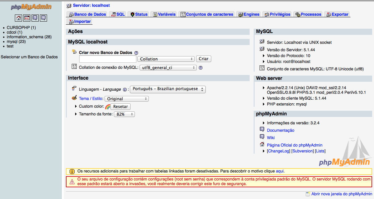 Depois de instalado o XAMPP, o PhpMyAdmin poderá ser executado através do navegador, digitando o seguinte endereço: http://localhost/phpmyadmin. A tela inicial do PhpMyAdmin é demonstrado na Figura 2.