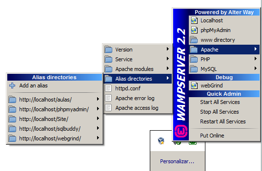 Após clicamos no ícone do Wamp com o botão esquerdo do mouse, então escolhemos Apache > Alias directories (diretório de alias), Add an alias (Adicionaar um alias):