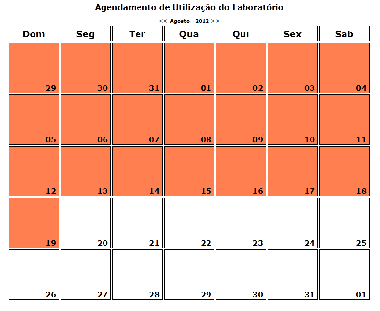 49 destes quadrados o sistema apresenta uma nova tela, Figura 37, onde o usuário pode verificar as reservas feitas para o dia em questão e também pode realizar a reserva do laboratório.