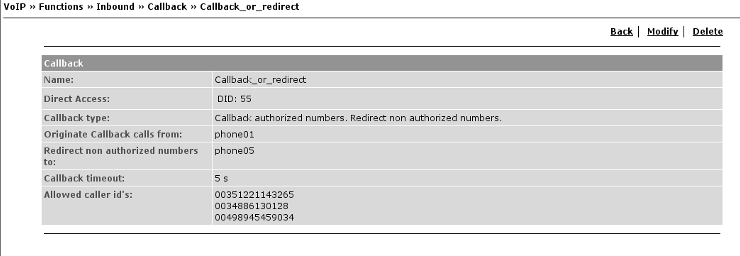 4.9 VoIP 141 Figura 4.69: VoIP - Retorno de Chamada a números autorizados ou redireccionar na fila de espera e o tempo entre essas mensagens.