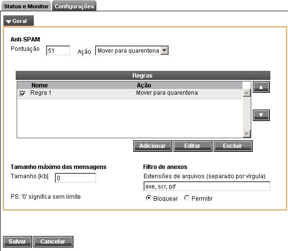 Configurações de Saída: Tamanho máximo da mensagem: Neste campo deverá ser informado o tamanho máximo das mensagens que estão sendo enviadas.