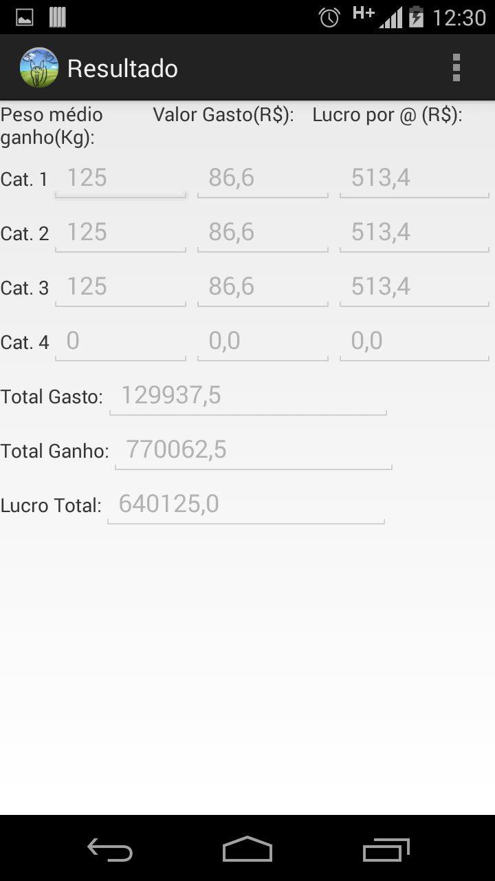 24 Ao clicar em calcular, após inserir os dados, serão apresentados ao usuário os valores obtidos por categoria, por quilo e por arroba, sendo apresentado também o lucro