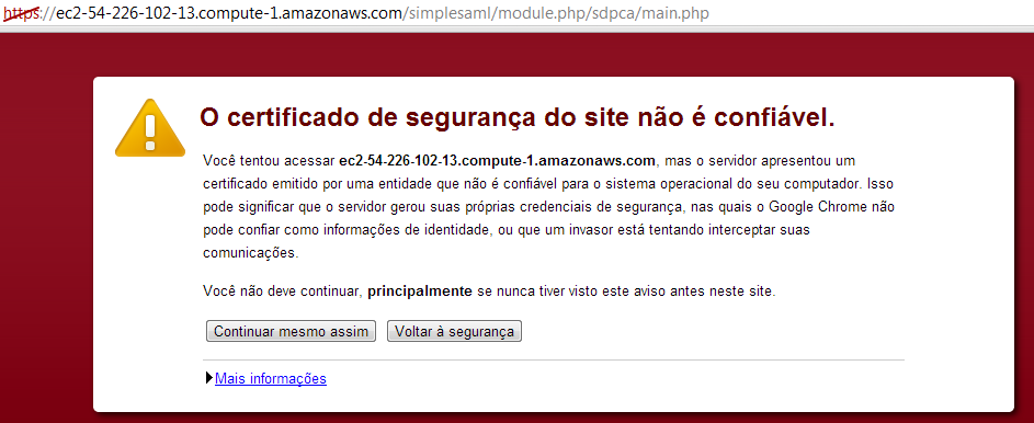 111 Após selecionar um provedor e clicar em avançar, o navegador foi redirecionado para a tela do Provedor de Cliente Ativo (PCA) e neste momento um novo alerta referente ao certificado autoassinado