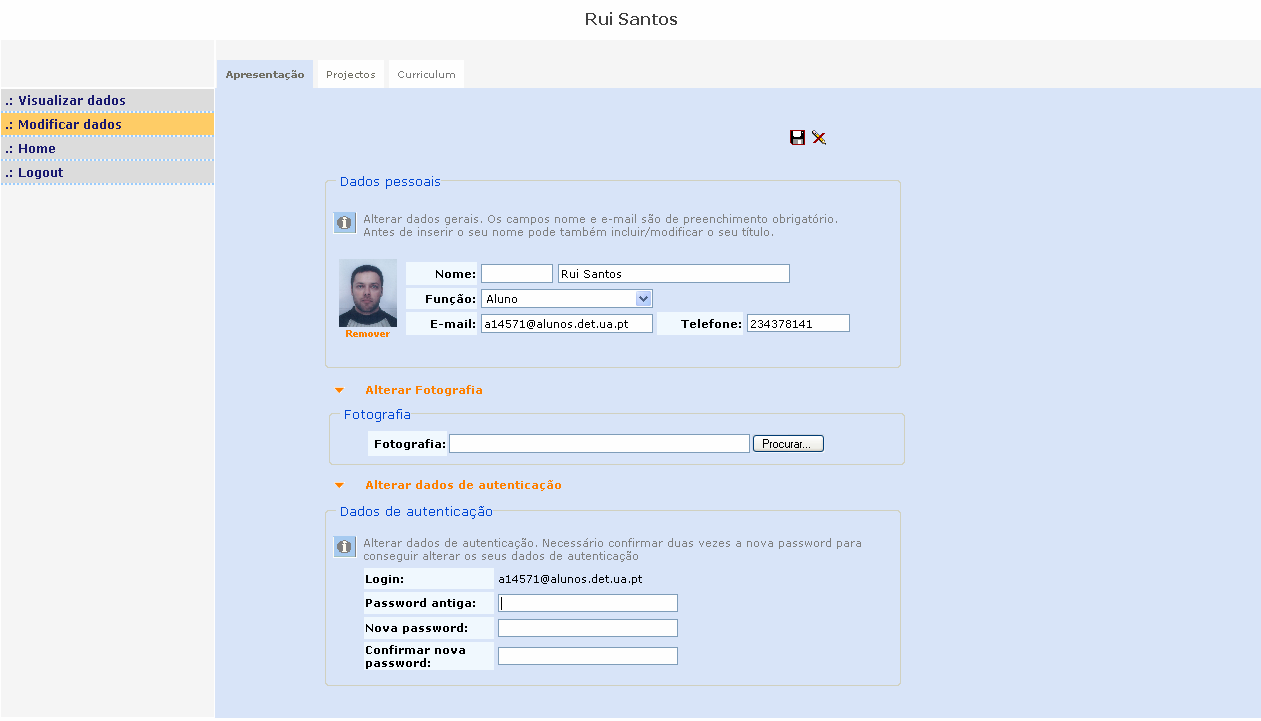 Figure 37 - Manutenção dos dados pessoais do membro ( expansão dos mecanismos de upload da foto e de alteração da palavra chave) Como pode ser verificado pela (Figure 38) as Tabs associadas ao módulo