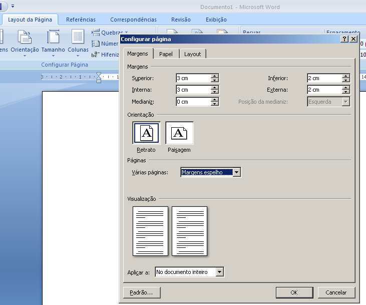 46 MARGENS DE TEXTO (Processador de Texto) abaixo: 1. Abra o Word, no menu INÍCIO, clique em layout de página. Veja exemplo 2.