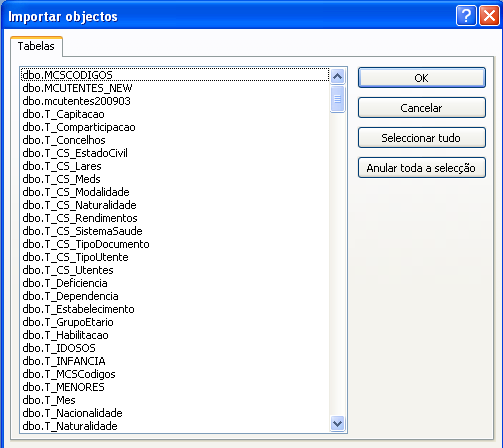 12.º - Selecciona-se as tabelas pretendidas: Figura 29 Ligação à base de dados de utentes (12) Fonte: SCML, 2010. 4.2.4.1.2 Criação da tabela de utentes e serviços prestados As relações entre tabelas