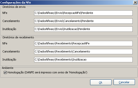 Módulo Operações 153 4. Para configurar o diretório de envio e recebimento da NFe, clique no botão Configurar NFe. 5. Após indicar os diretórios, clique no botão Ok. 6.