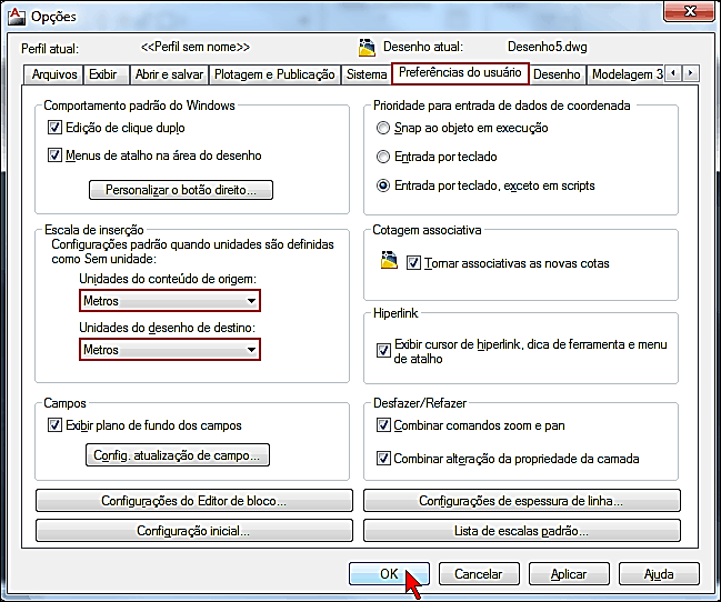 Para configurar a Área Gráfica do AutoCAD, digitamos o comando opcoes e teclamos <Enter>.