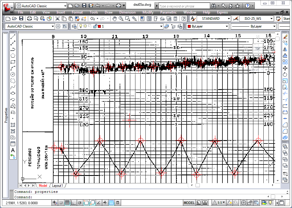 Figura 4.1.2: Detalhe do registro das coordenadas dos pontos relevantes utilizando o AutoCad. DISTÂNCIA TOTAL PERCORRIDA EM KM 266.