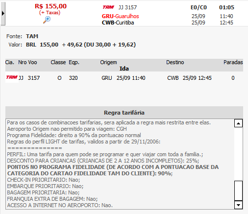 Realizando uma Busca aérea No resultado dos vôos disponíveis fique atente as mensagens, neste caso o aeroporto solicitado foi Congonhas e no resultado temos o aeroporto de Guarulhos.