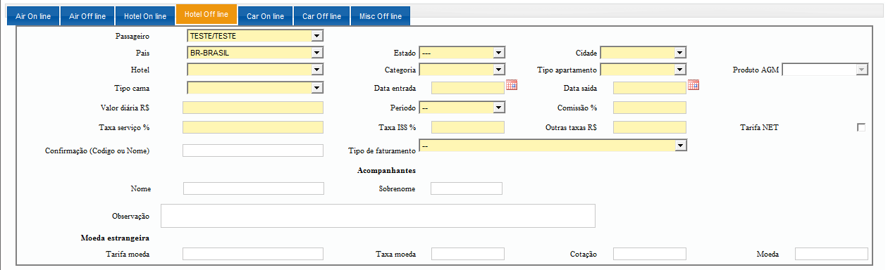 Hotel OFF LINE Selecione o item HOTEL OFF LINE após inserir o cliente e passageiro: Preencha/Selecione os campos: Selecione o estado, cidade, hotel, categoria, tipo de apartamento e tipo de cama;