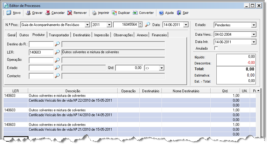 Para se aceder às linhas (sub-processos) basta clicar na opção da grelha no respectivo processo que pretende converter. Como mostra a seguinte imagem.