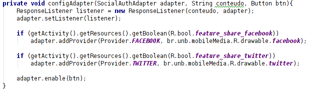 Figura 6: Trecho de código que ilustra como a ocultação de botões do menu é feita A feature Share é alternativa, possuindo algumas variabilidades possíveis: as redes sociais pelas quais o usuário