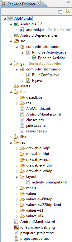 Estrutura do projeto: src Contém as classes Java da aplicação.contém a classe PrincipalAloMundo que foi criada.