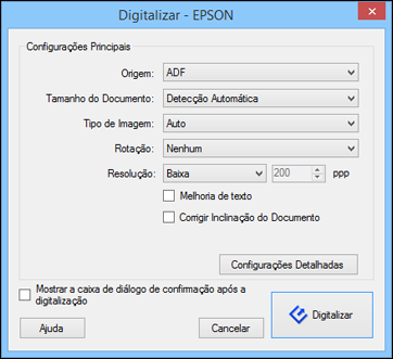 Você verá uma janela como esta: Observação: Caso deseje utilizar um trabalho de digitalização que tenha criado, selecione-o na lista de trabalhos na janela do Document Capture Pro ou Document