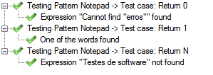 Casos de estudo O relatório apresenta os resultados de cada caso de teste separadamente, sendo que, em cada caso, indica o nome do padrão e respetivo caso de teste no formato: Testing Pattern <Nome