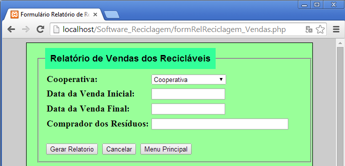 Figura 7 Registro de vendas de materiais recicláveis Dados sobre a venda de materiais recicláveis podem ser consultados, porém, não são permitidas alterações nem exclusões de registros após