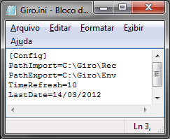 14 Pasta/Arquivo GiroEngine.exe Funcionalidade Aplicativo para executar o envio das vendas e importação de cadastros. Giro.ini Arquivo de configuração do aplicativo. Giro.log Arquivo de log de ações (erros, operações, agendamentos, etc) Pastas ENV e REC Pastas de envio e recebimento de arquivos.