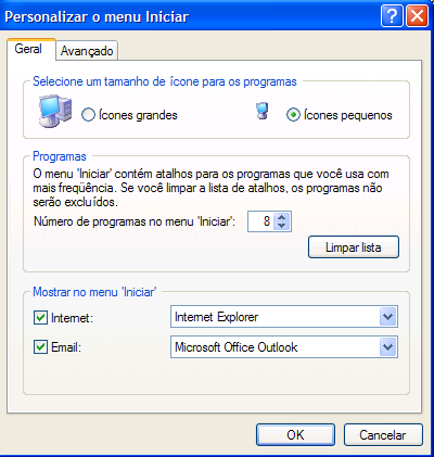 Também pode limpar o menu documentos através do botão limpar, e ainda se ativa o recurso de arrastar e soltar itens no menu iniciar, exibir ou não favoritos, executar e outros.