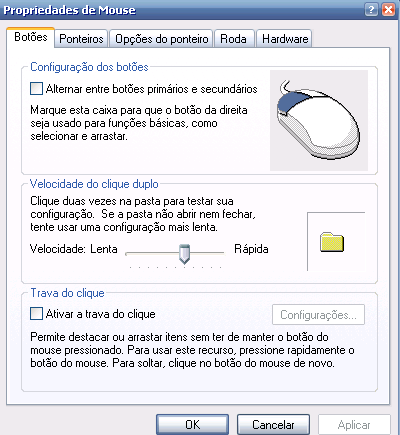 Mouse: Ajusta configurações referentes ao Ponteiro do computador, sua velocidade, se ele tem rastro ou não, se o duplo clique será rápido ou mais lento, pode-se até escolher um formato