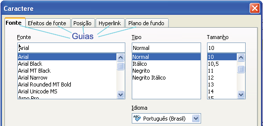 FORMATAÇÃO DE CARACTERE No menu Formatar/Caractere, encontram-se comandos para formatar a letra a ser utilizada no documento.