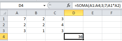 Sintaxe =SOMA(núm1;núm2;...) Núm1, núm2,... são os argumentos que se deseja somar. Exemplos: =SOMA(A1;A3) é igual a 10 =SOMA(B1:C2) Obs.