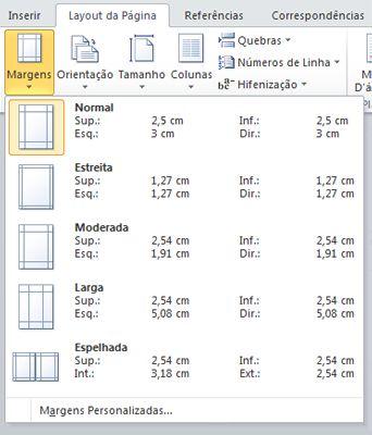 Alterar margens da página As margens da página são o espaço em branco em volta das bordas da página. Em geral, você insere texto e elementos gráficos na área imprimível entre as margens.