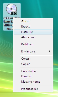 Para isso clique com o botão direito do rato sobre o ficheiro da imagem ISO da Caixa Mágica que se descarregou para o PC e seleccione a opção Hash