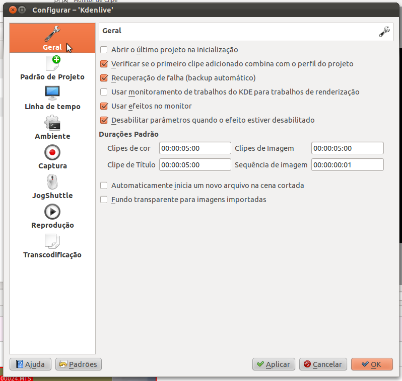 CONFIGURAR O KDENLIVE No painel principal > configurações > configurar kdenlive Ira abri a seguinte janela Você poderar alterar os