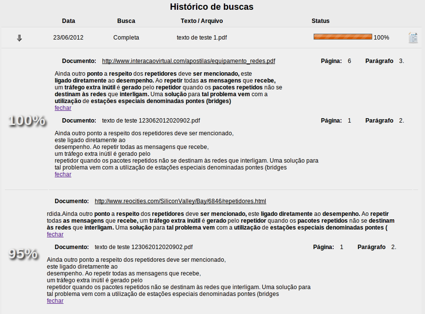 104 Figura 48: Resultados da busca completa. Fonte: Do autor. Como pode-se observar na Figura 43, foram encontrados 2 resultados que obtiveram mais de 90% de similaridade.