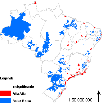 Figura 6: Índice de correlação espacial local da taxa de vacância rural (esquerda) e da proporção de domicílios urbanos de uso ocasional (direita) Matriz de vizinhança de contigüidade tipo Queen,