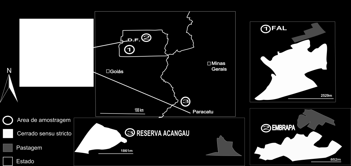 Figura 1. Mapa da localização das três localidades de estudo: 1. Fazenda Agua Limpa FAL, 2.