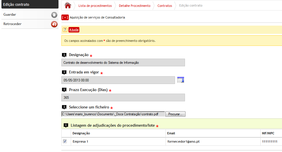 2.5.1 Módulo de Contratos Criação do Contrato Após aceder ao Módulo de Contratos : 1. Clique sobre Novo para criar um novo contrato. 1 2. Defina uma designação (nome) para o contrato. 3.