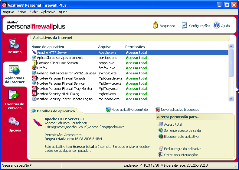 Usando o McAfee Personal Firewall Plus Sobre a página Aplicativos da Internet Use a página Aplicativos da Internet para exibir a lista de aplicativos permitidos e bloqueados.