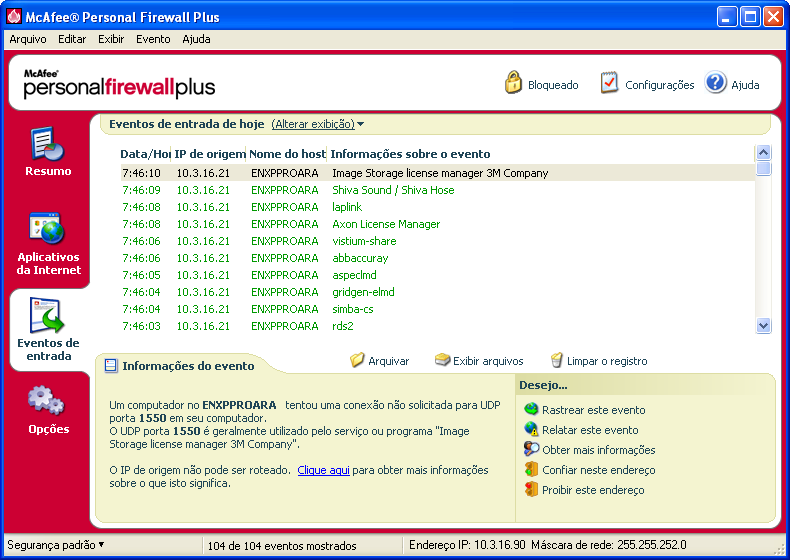 Usando o McAfee Personal Firewall Plus Sobre a página Eventos de entrada Use a página Eventos de entrada para exibir o registro de Eventos de entrada gerado quando o Personal Firewall bloqueia