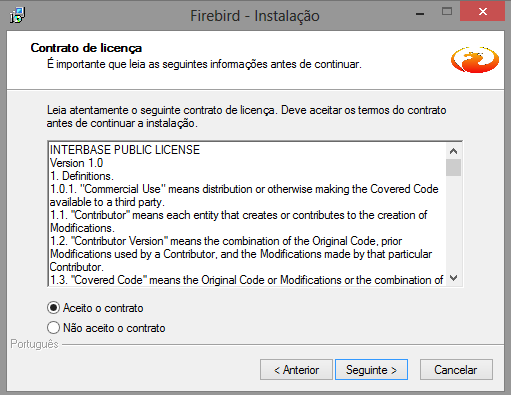 7. Escolha o idioma e clique em OK, será iniciado a instalação do Firebird; 8.