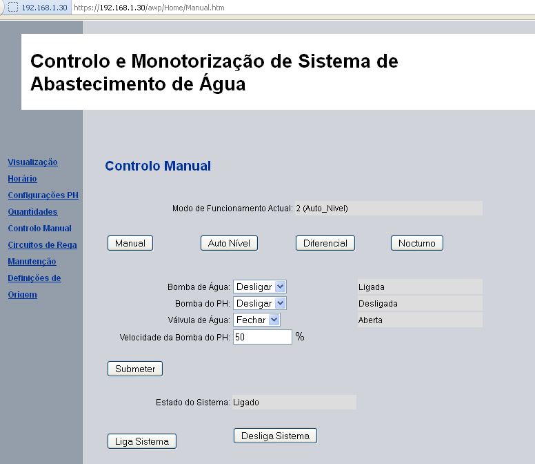 Na página Controlo Manual o utilizador pode consultar e alterar o modo de funcionamento actual do sistema, consultar e alterar (quando no Modo Manual) o estado