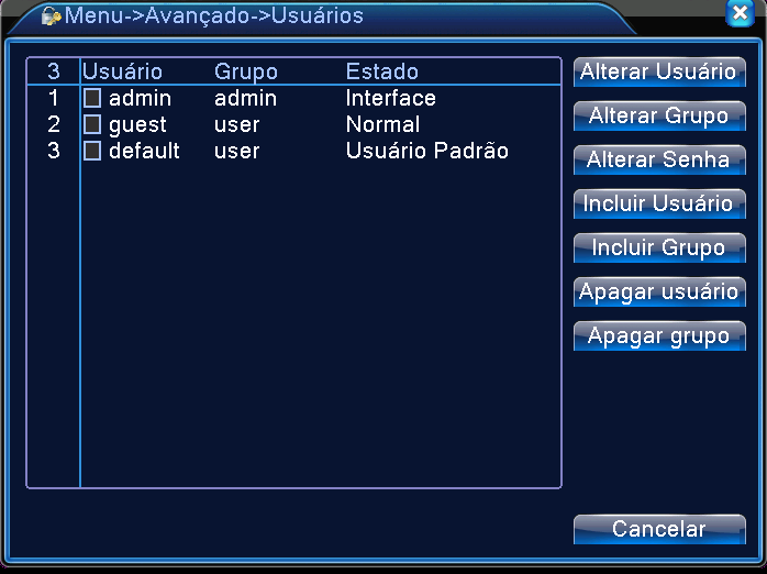 4.5.2 Contas Gerencia a permissão do usuário. Nota: 1. A extensão de caracteres é de 8 bytes no máximo para os nomes do usuário e do grupo de usuários.