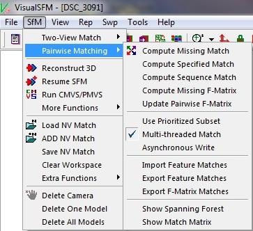 No botão SfM existem várias opções úteis. A partir da opção Pairwise Matching é possível realizar o Compute Missing Match, que permite recuperar a orientação relativa de cada fotografia.