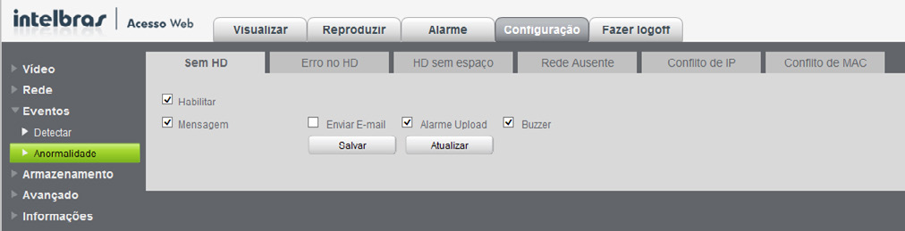 Anormalidade A tela Anormalidade será exibida, conforme a figura a seguir: Anormalidade Selecione a guia correspondente ao evento que deseja configurar e habilite a opção de verificação para que a