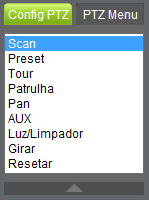Tela de configurações Expanda a lista de ajustes de PTZ para realizar as configurações de Scan,